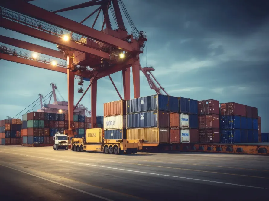 logistics transportation container cargo ship cargo plane with working crane bridge shipyard sunrise logistic import export transport industry background ai generative 1 scaled (1)